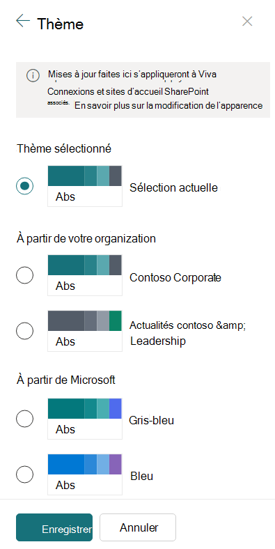 Capture d’écran montrant des exemples de thèmes organization créés et de thèmes microsoft par défaut.