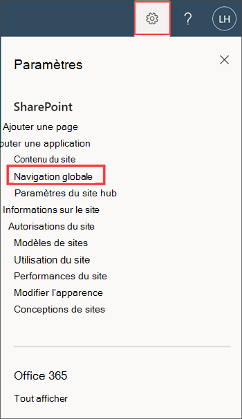 Capture d’écran de l’option de navigation globale dans le panneau paramètres.