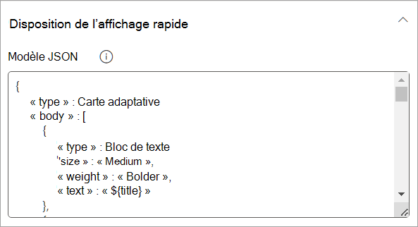 Capture d’écran montrant les options d’affichage rapide dans le volet des propriétés.