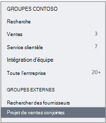 Capture d’écran de la barre de navigation Viva Engage montrant une section Groupes externes.