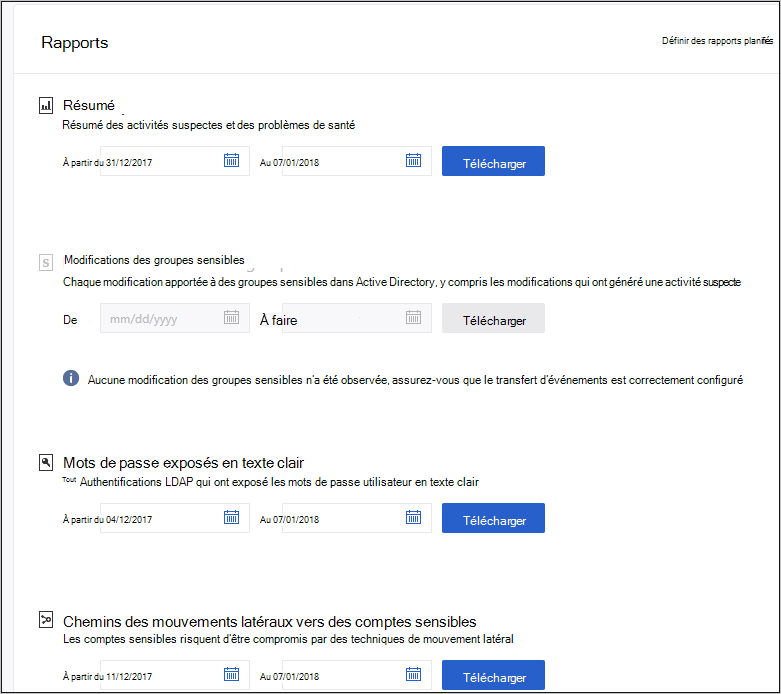 Capture d’écran montrant la sélection de la date du rapport.