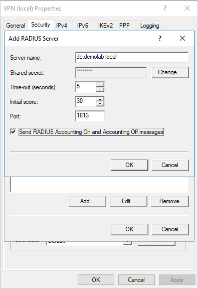 Capture d’écran montrant la configuration du VPN.