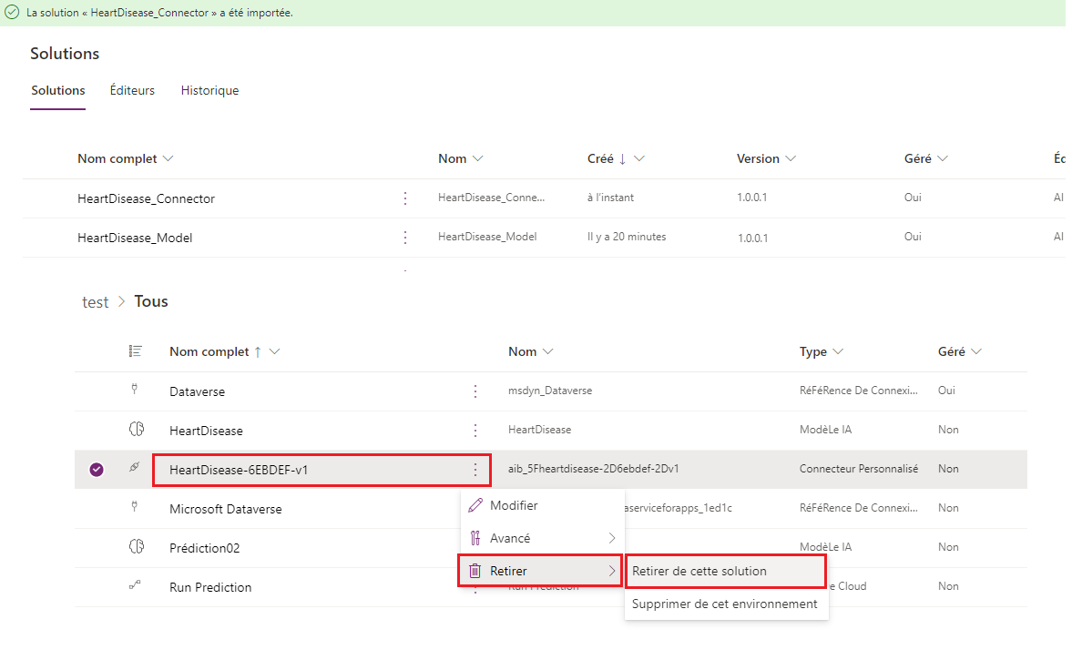 Capture d’écran de la suppression d’une ancienne version d’une solution.