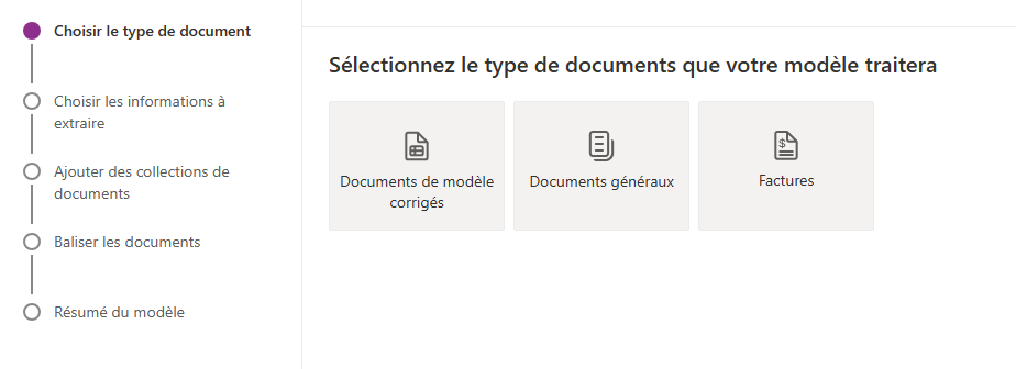 Capture d’écran des vignettes sous « Sélectionnez le type de documents que votre modèle traitera ».