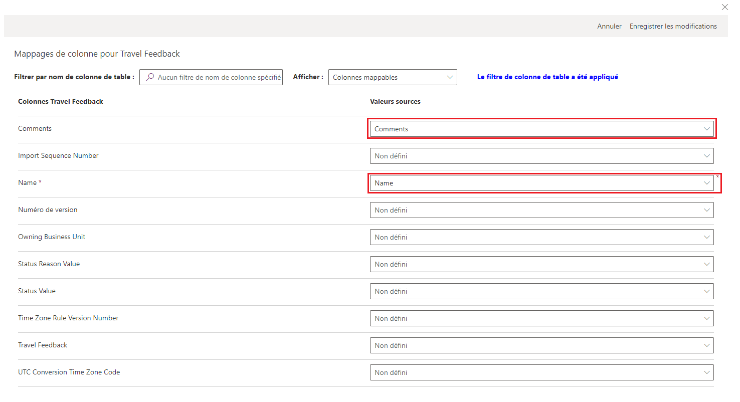 Capture d’écran des mappages de colonnes vers la table Commentaires sur les voyages.