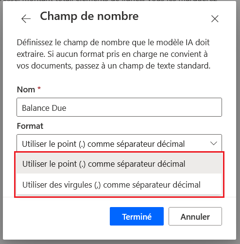 Capture d’écran des formats du « champ de nombre ».