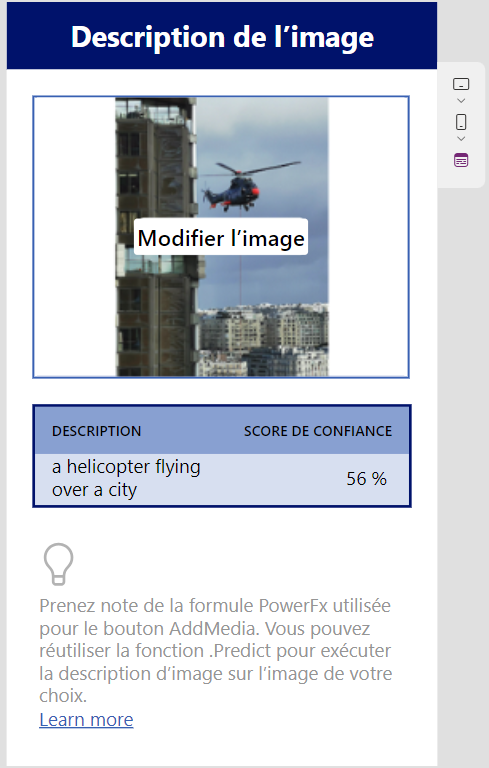 Capture d’écran de la description de l’image générée par le modèle dans un exemple d’application.