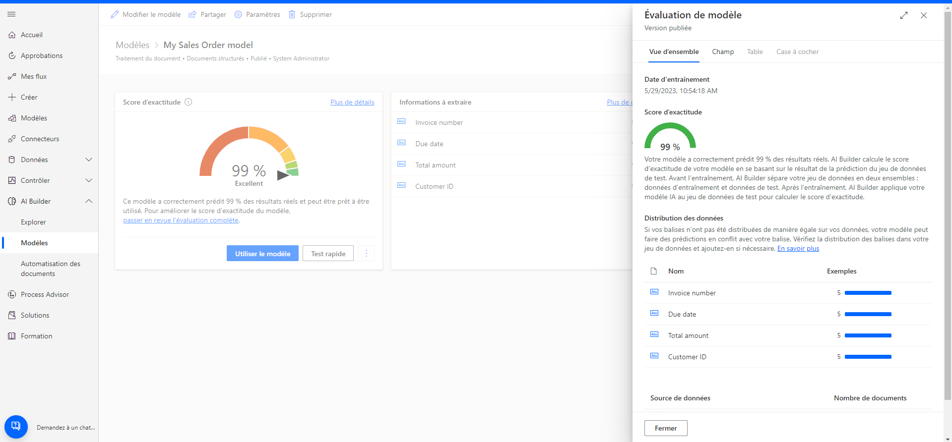 Capture d’écran de l’écran « Évaluation du modèle », onglet « Vue d’ensemble ».