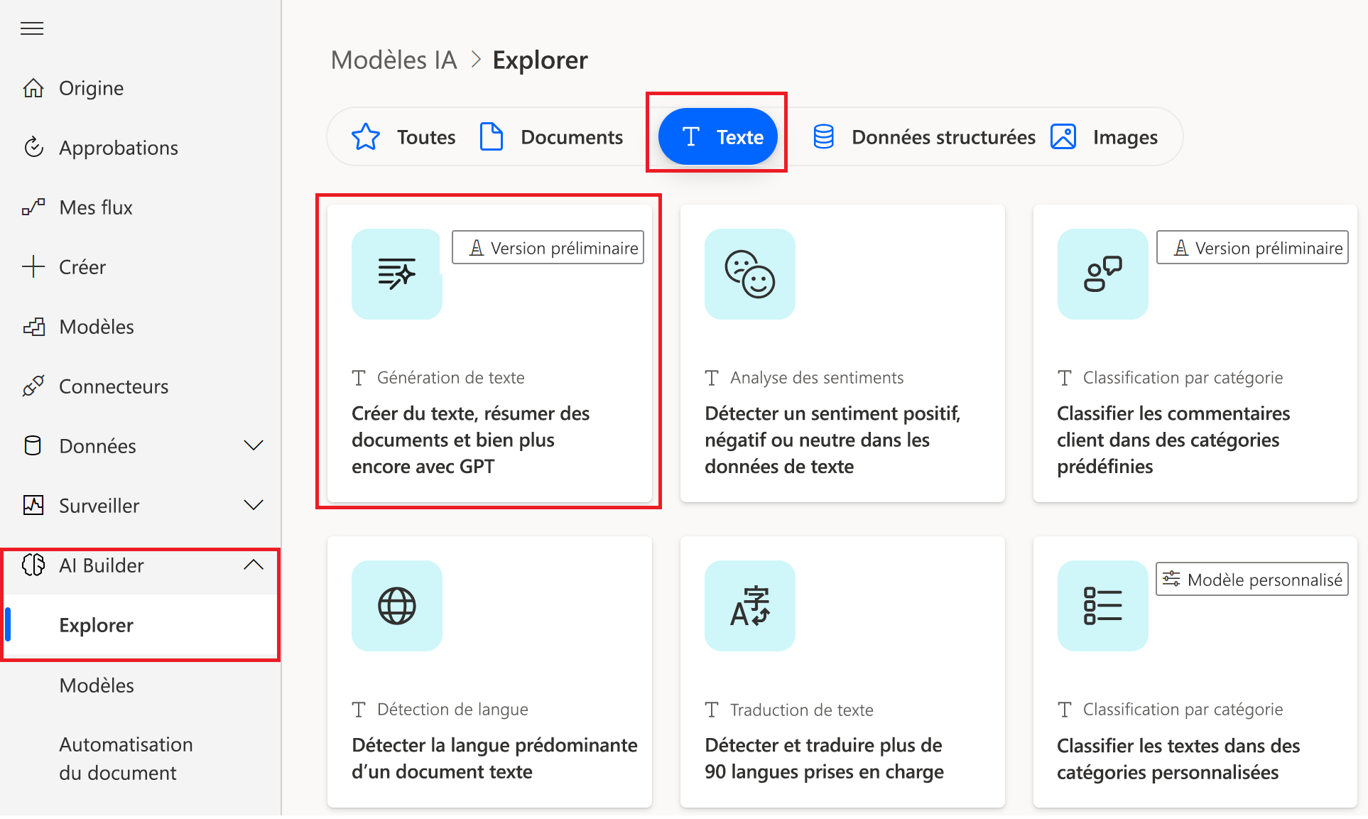 Capture d’écran de la fonctionnalité de génération de texte sur la page Explorer d’AI Builder.