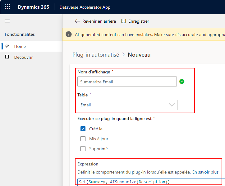 Capture d’écran de la création d’un nouveau plug-in dans l’application Accélérateur Dataverse.