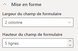 Capture d’écran de la boîte de dialogue « Mise en forme » avec les nouvelles sélections de largeur et de hauteur du champ.