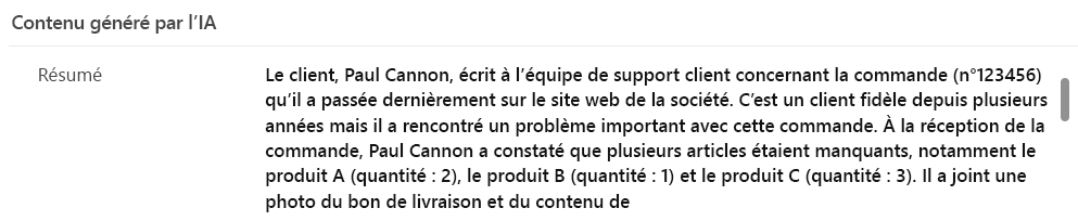 Capture d’écran d’un résumé du texte dans le corps de l’e-mail.