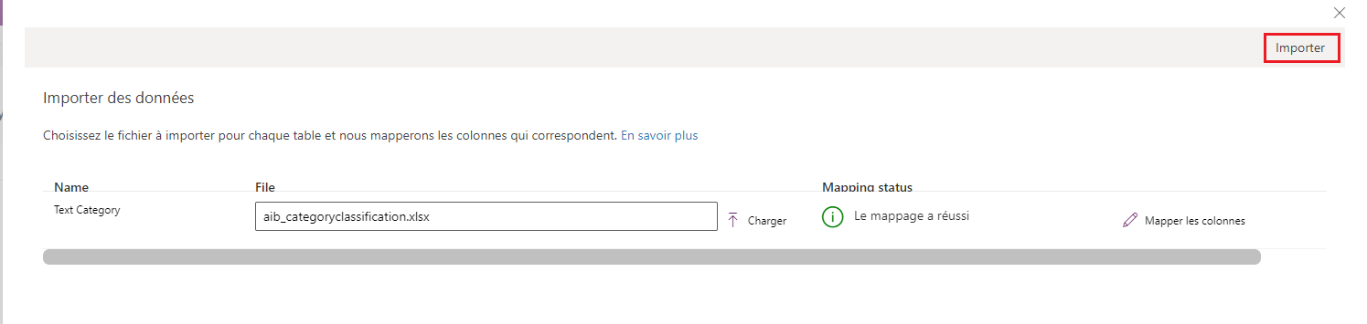 Capture d’écran du démarrage du processus d’importation en sélectionnant le bouton Importer.