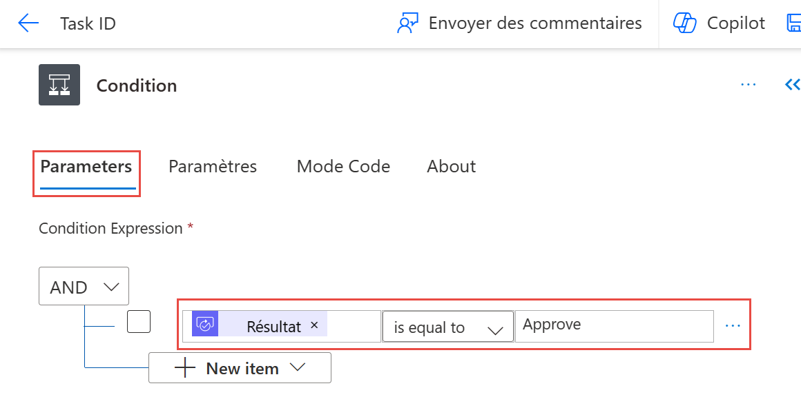 Capture d’écran de la sélection des paramètres de l’expression de condition.