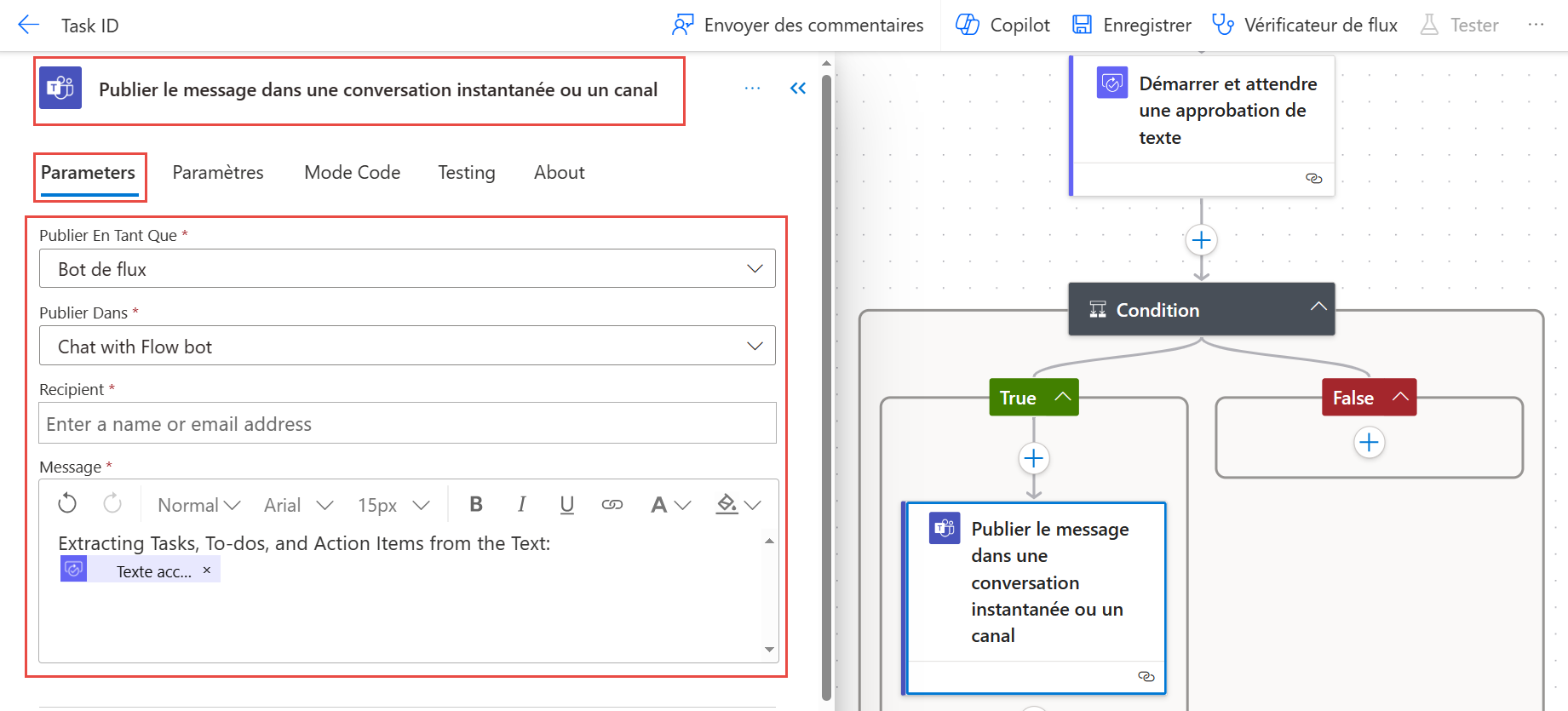 Capture d’écran de l’ajout de paramètres pour « Publier le message dans une conversation instantanée ou un canal ».