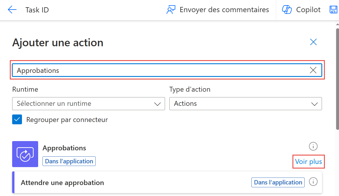 Capture d’écran du bouton « Voir plus » pour obtenir une liste de toutes les actions d’approbation.