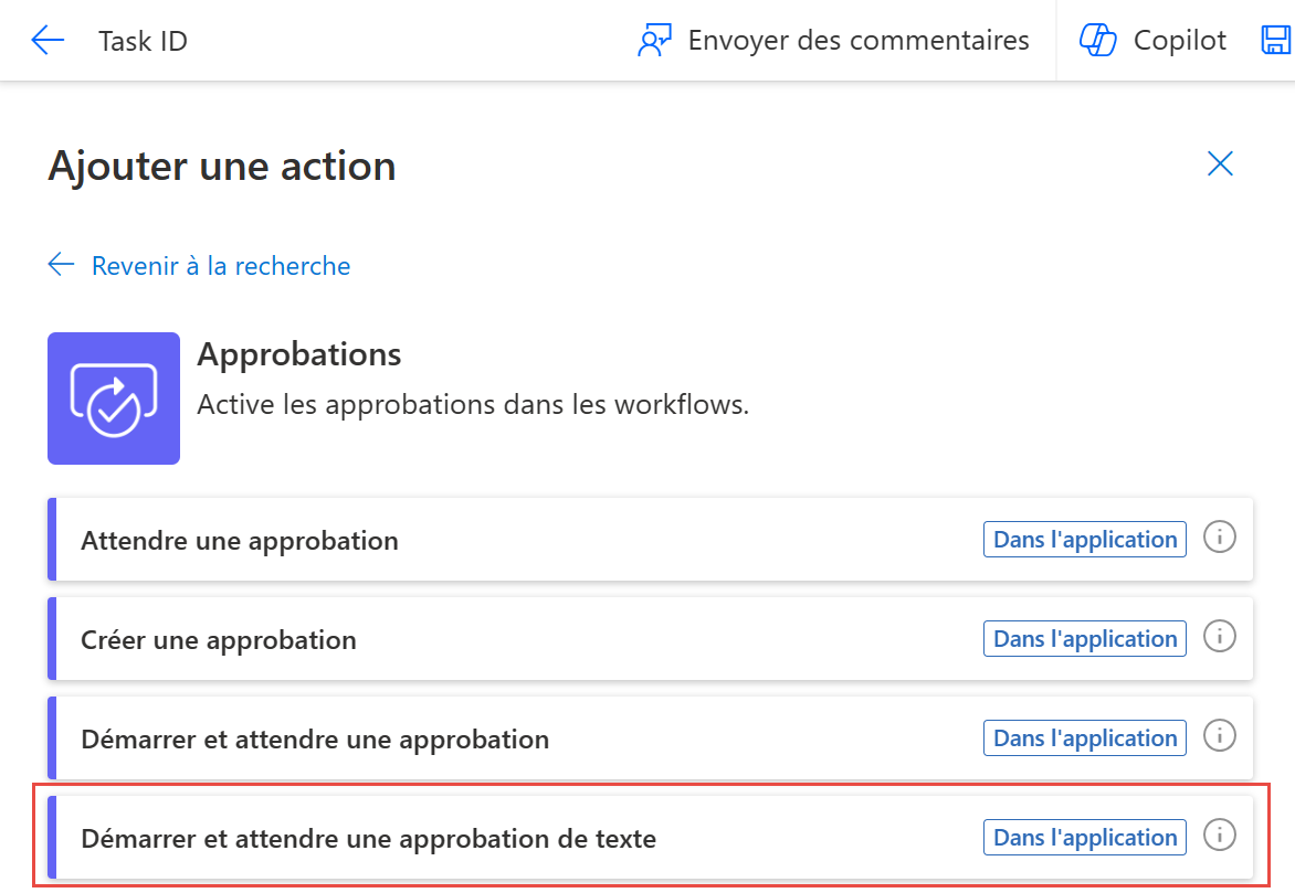 Capture d’écran de l’action « Démarrer et attendre une approbation de texte ».