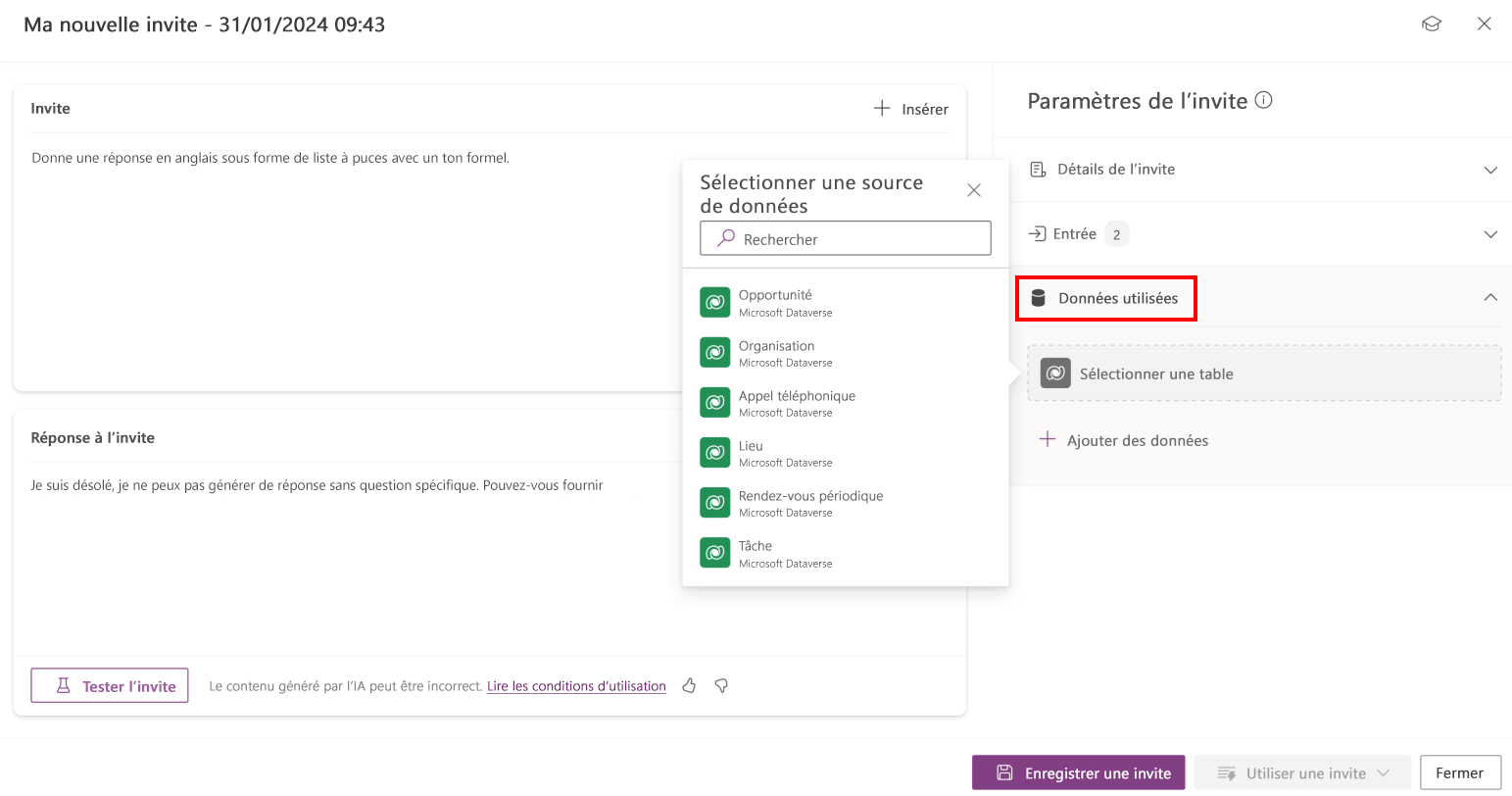 Capture d’écran montrant comment sélectionner une table Dataverse comme données à utiliser dans le générateur d’invites.