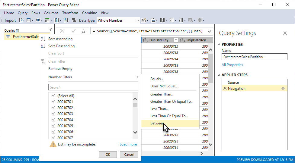 Capture d’écran du Éditeur Power Query montrant les filtres de nombre entre sélectionnés>.