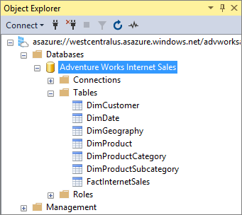 Capture d’écran de la section Explorateur d'objets avec la base de données Adventure Works Internet Sales mise en évidence.