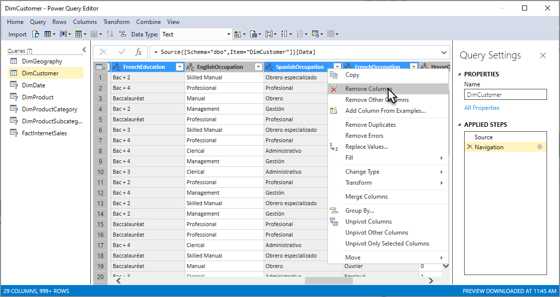 Capture d’écran de l’Éditeur Power Query avec les colonnes SpanishEducation, FrenchEducation, SpanishOccupation et FrenchOccupation sélectionnées et l’option Supprimer les colonnes mise en évidence.