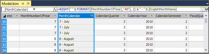 Capture d’écran du concepteur de modèles avec la colonne renommée MonthCalendar.