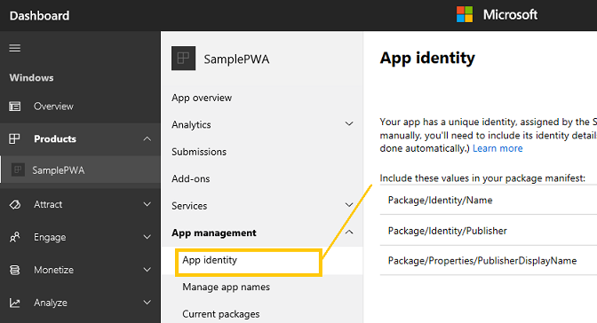 Windows Dev Center dashboard, App identity settings