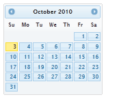 Capture d’écran montrant une page de calendrier d’octobre 2010 stylée à l’aide du thème Cupertino.