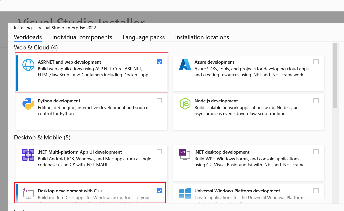 Boîte de dialogue de sélection de charge de travail Visual Studio montrant « ASP.NET et développement web » et « Développement de bureau avec C++ » sélectionné.