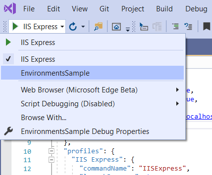 Lancement d’IIS Express dans le menu