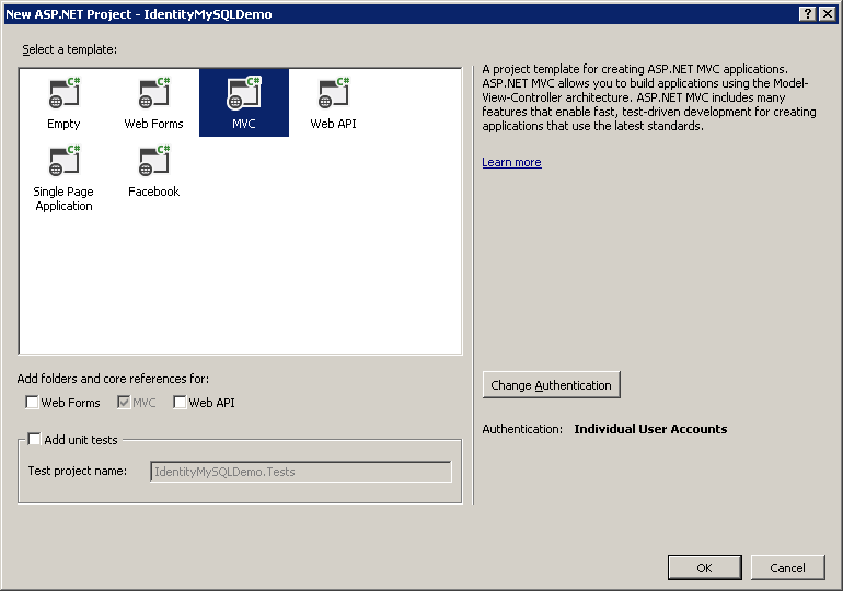 Capture d’écran de la boîte de dialogue New A S P P dot NET Project, avec le modèle MV C sélectionné et les options par défaut activées.