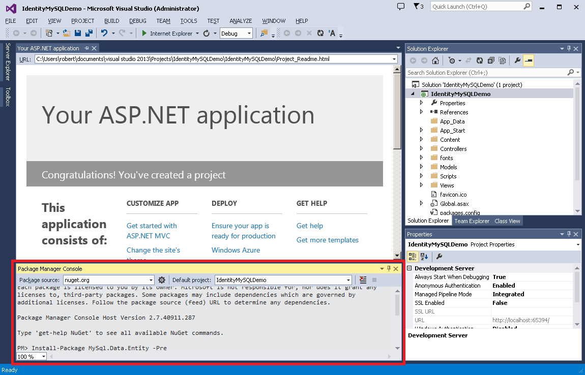 Capture d’écran de la console du Gestionnaire de package dans la section inférieure de Visual Studio, avec Install-Package Mon point de données Point de données Entity dash Pre instruction affichée sur la ligne de commande.