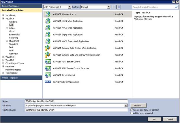 Capture d’écran de la création d’une application web dans Visual Studio 2010.