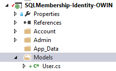 Capture d’écran de la création d’un dossier Models dans le projet et de l’ajout d’une classe User.