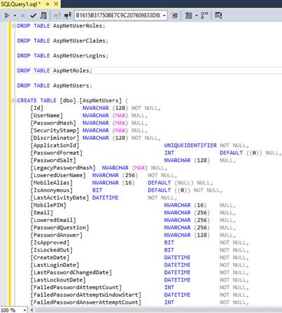 Capture d’écran de la fenêtre de requête pour copier et coller l’intégralité du script S Q L.