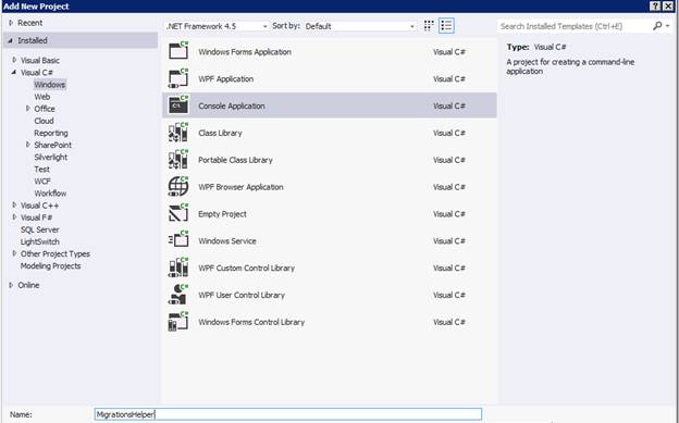 Capture d’écran de la création d’une application console dans la solution sortante.