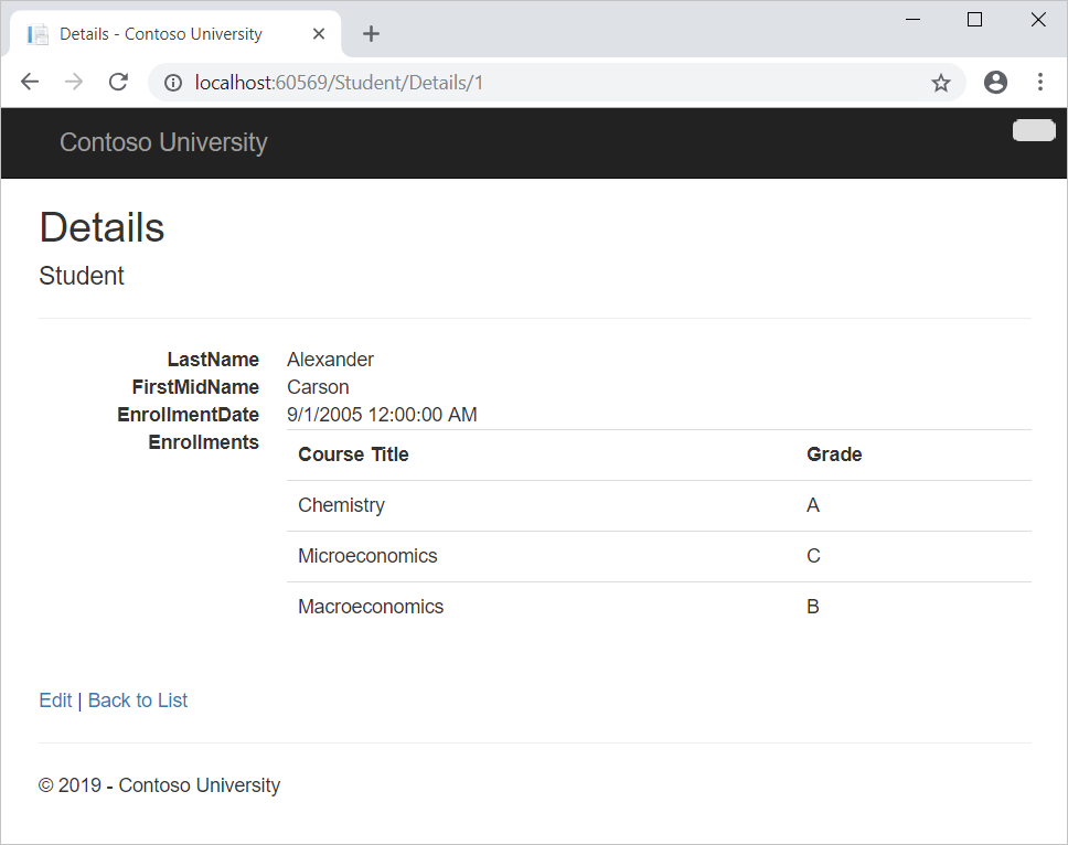 Capture d’écran de la page de détails de l’étudiant.