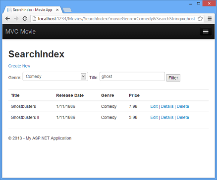 Capture d’écran montrant la page Index de recherche de films M V C.