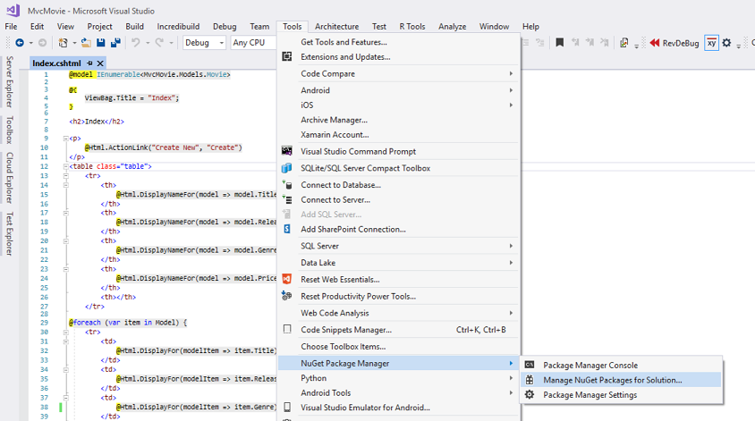 Capture d’écran du menu Outils pour commencer la validation jQuery pour les paramètres régionaux non anglais.