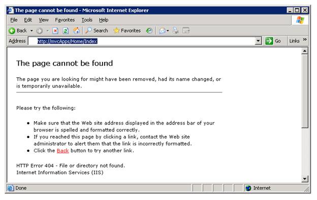 Capture d’écran de la fenêtre Microsoft Internet Explorer, qui montre une erreur 404 Introuvable.