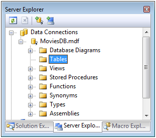 Capture d’écran de la fenêtre Server Explorer, qui montre que le dossier Tables est mis en surbrillance dans la hiérarchie des dossiers.