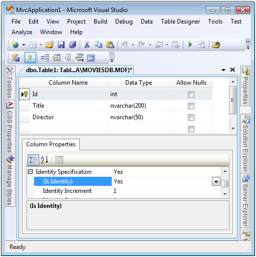 Capture d’écran de la fenêtre Microsoft Visual Studio, qui montre la fonctionnalité Table Designer.