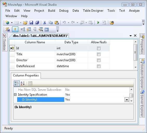 Capture d’écran de Microsoft Visual Studio, qui montre la table de base de données Films terminée et la propriété Is Identity définie sur Oui.