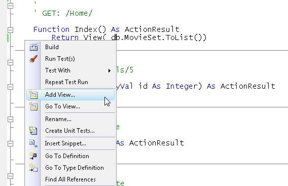 Capture d’écran de l’éditeur de code montrant la zone de liste déroulante clic droit avec l’option Ajouter un affichage sélectionné.