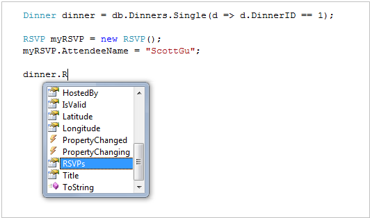 Capture d’écran d’intellisense dans Visual Studio. R S V Ps est mis en surbrillance.