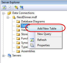 Capture d’écran de l’arborescence de navigation Server Explorer. Les tables sont développées et mises en surbrillance. Ajouter une nouvelle table est mis en surbrillance.