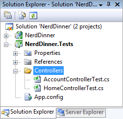 Capture d’écran de l’arborescence de navigation Explorateur de solutions. Les contrôleurs sont sélectionnés et développés.