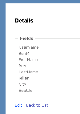 Capture d’écran montrant les champs d’informations avec UserName, FirstName, LastName et City pour un utilisateur.