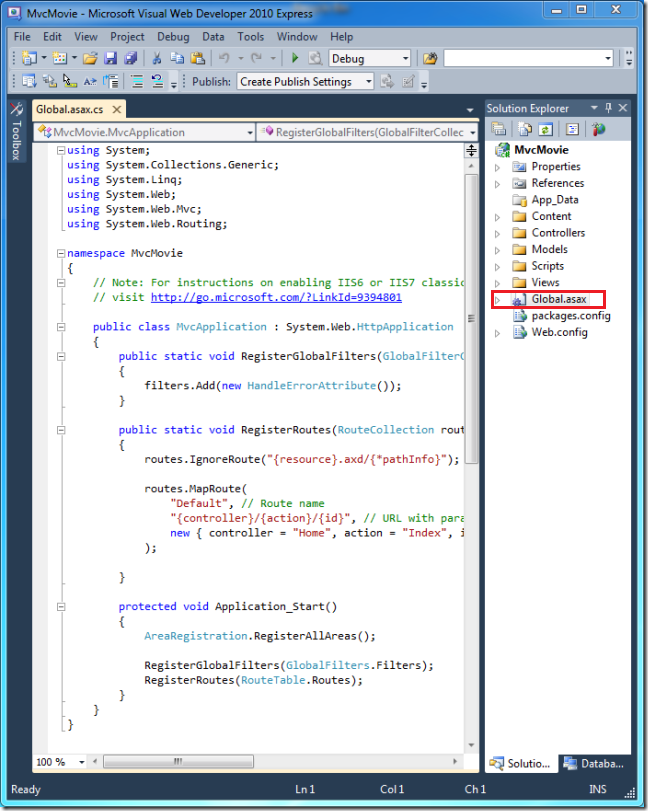 Capture d’écran montrant l’onglet Global dot asax dot c s. Le point global asax est en rouge dans la fenêtre Explorateur de solutions.