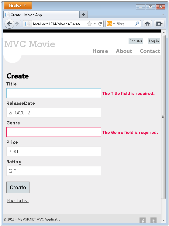 Capture d’écran montrant la page Création de films M V C. Une alerte en regard de Title indique que le champ Titre est requis. Une alerte en regard de Genre indique que le champ Genre est requis.